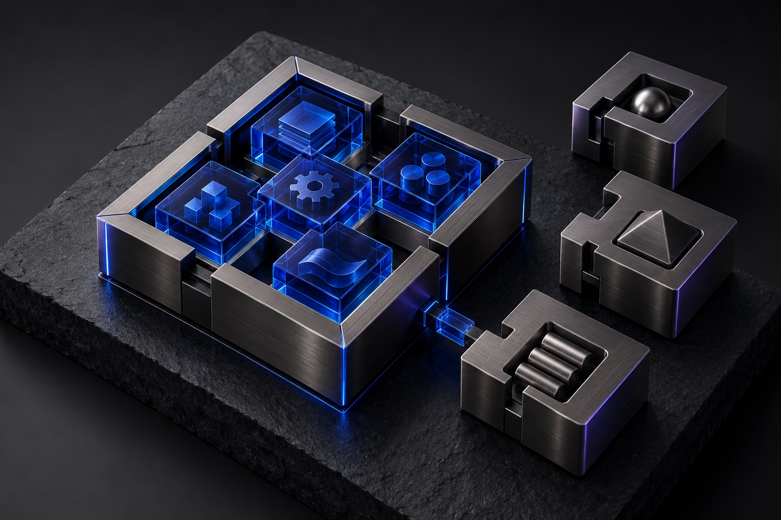 Five connected glass workflow modules fit inside a defined first-phase boundary