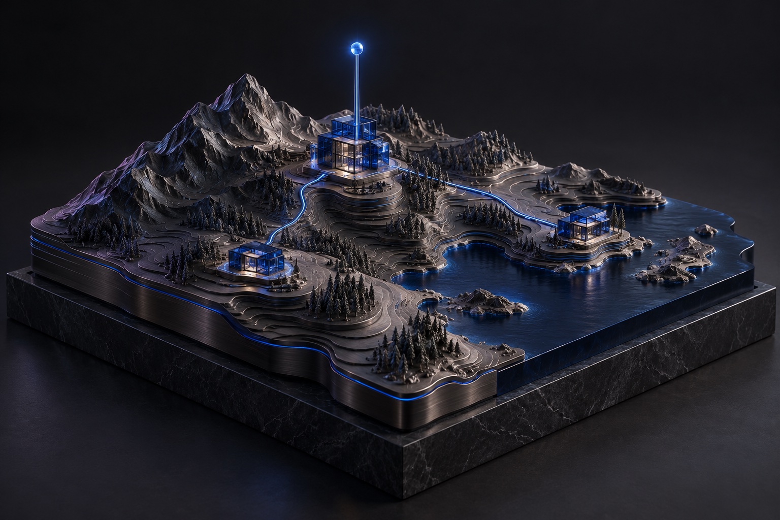 Cobalt glass buildings and a location beacon on sculptural terrain