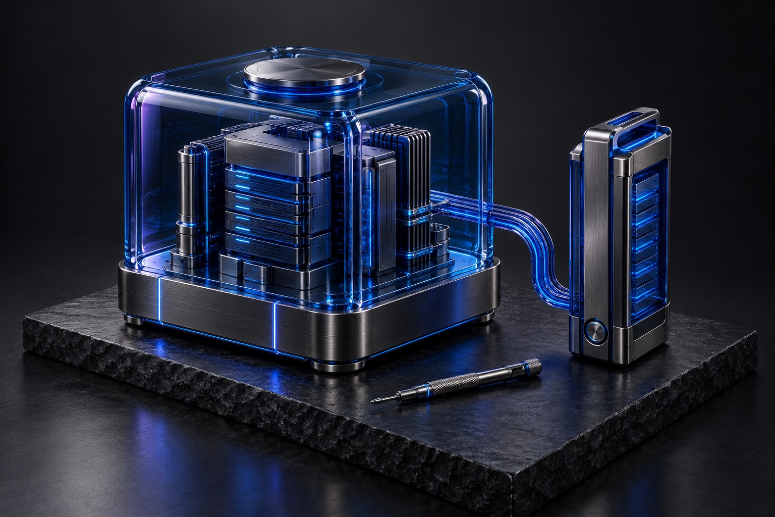 A protected glass infrastructure vault connects to a separate backup cartridge
