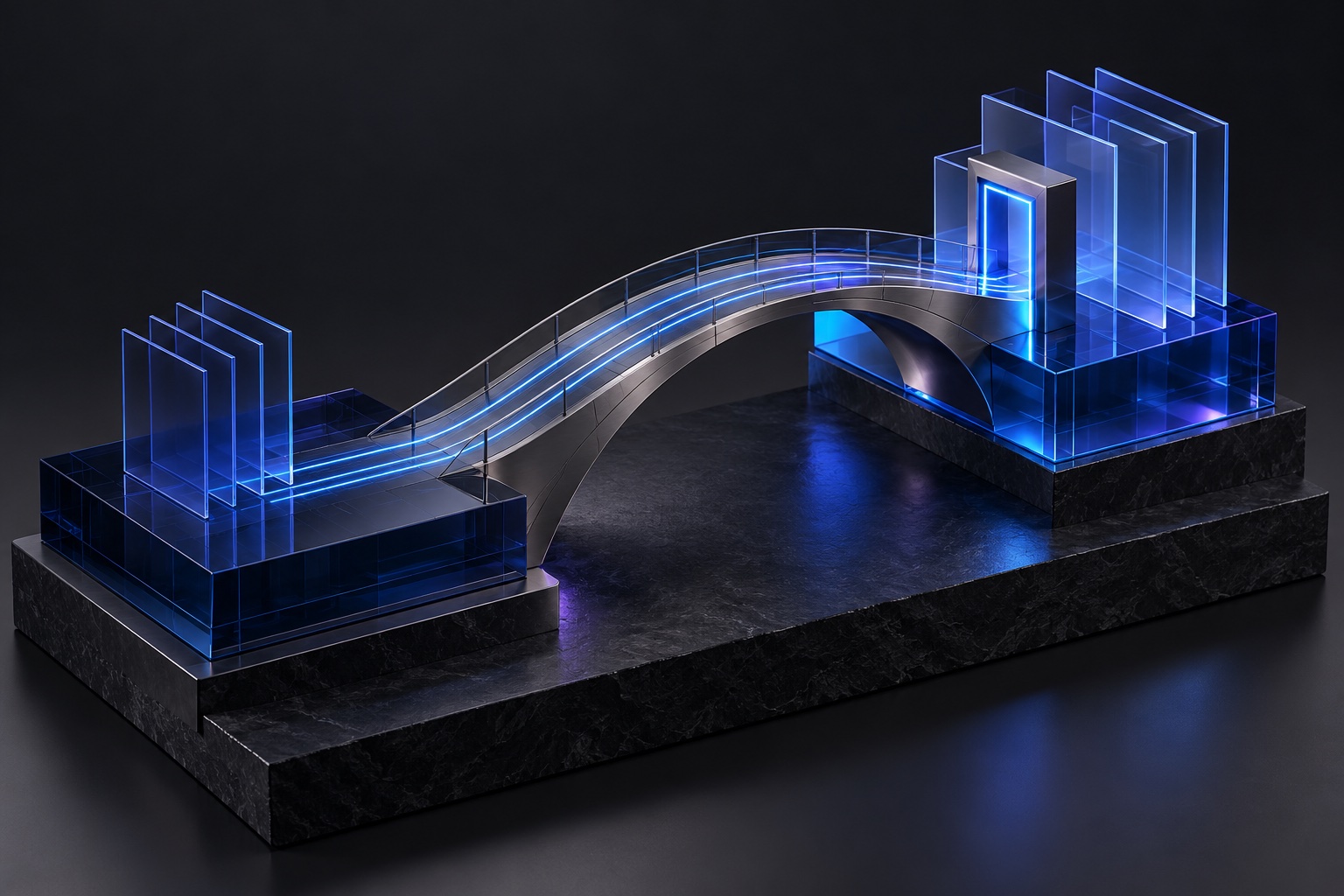 A continuous blue path crosses an architectural bridge to a new doorway