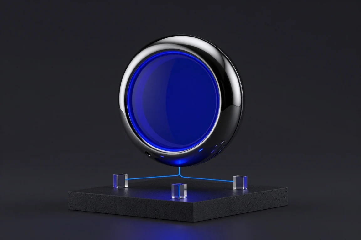 A cobalt glass core and connected modules representing intelligent systems